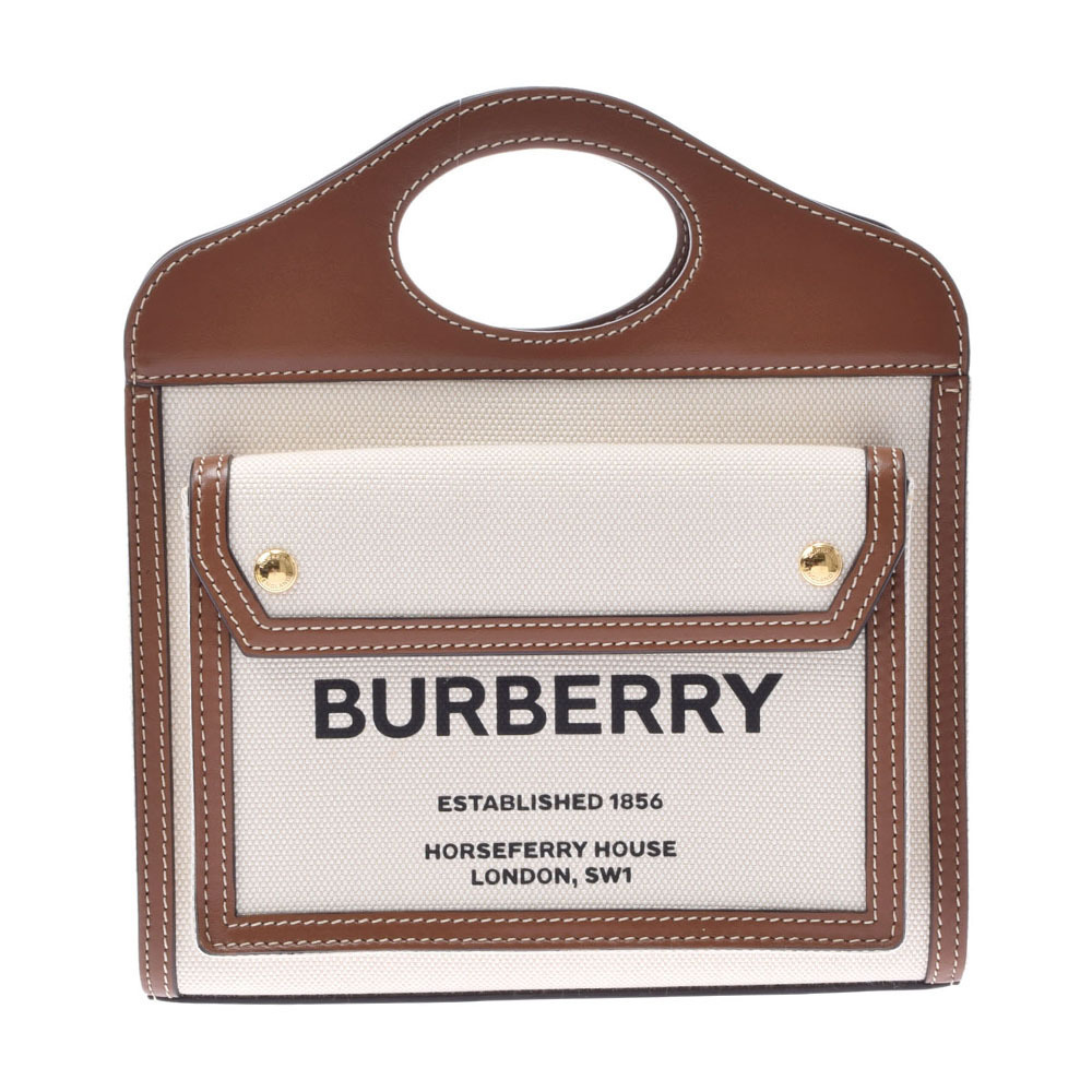 BURBERRY Bag Malt Brown Ivory White Canvas Leather Handbag